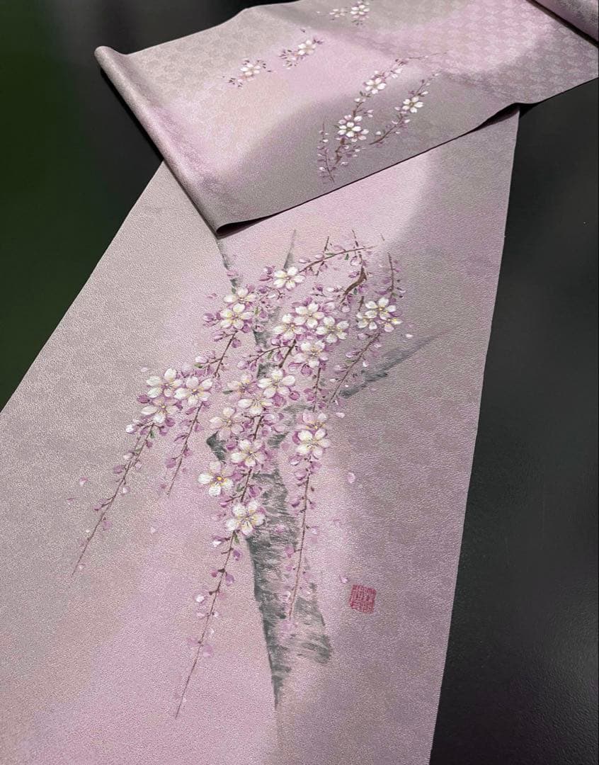 お仕立て付き【特選手描き友禅染帯◆枝垂れ桜】淡い紅藤色
