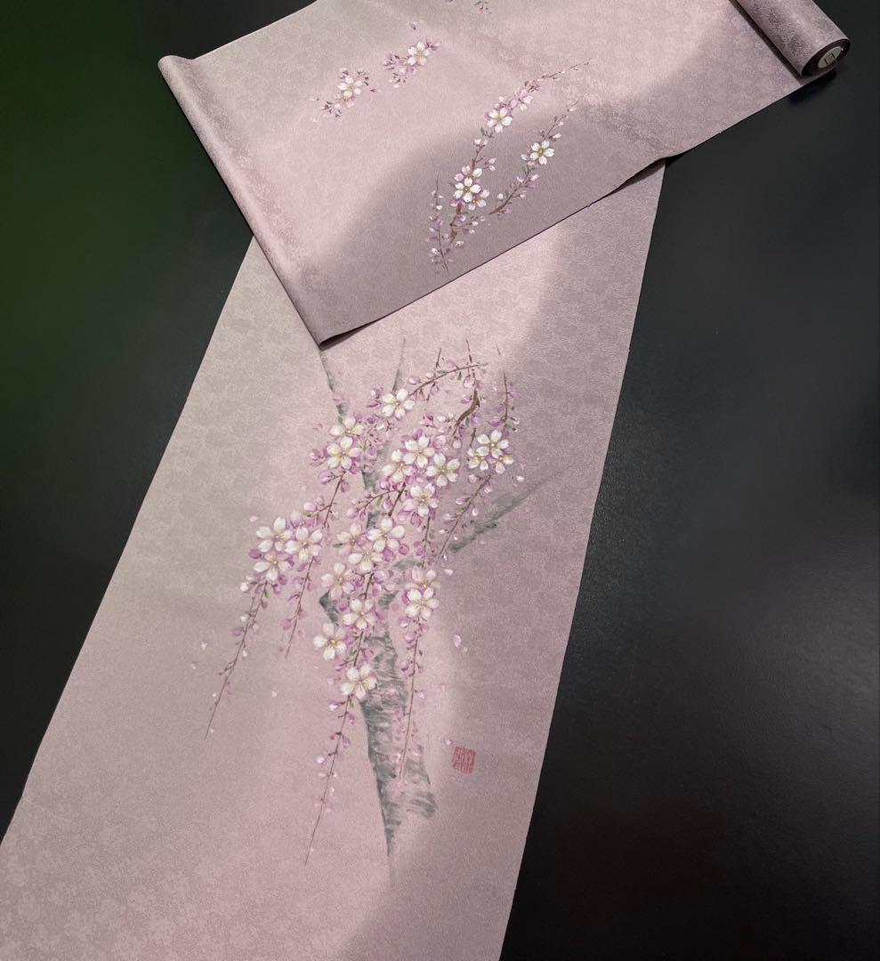 お仕立て付き【特選手描き友禅染帯◆枝垂れ桜】淡い紅藤色