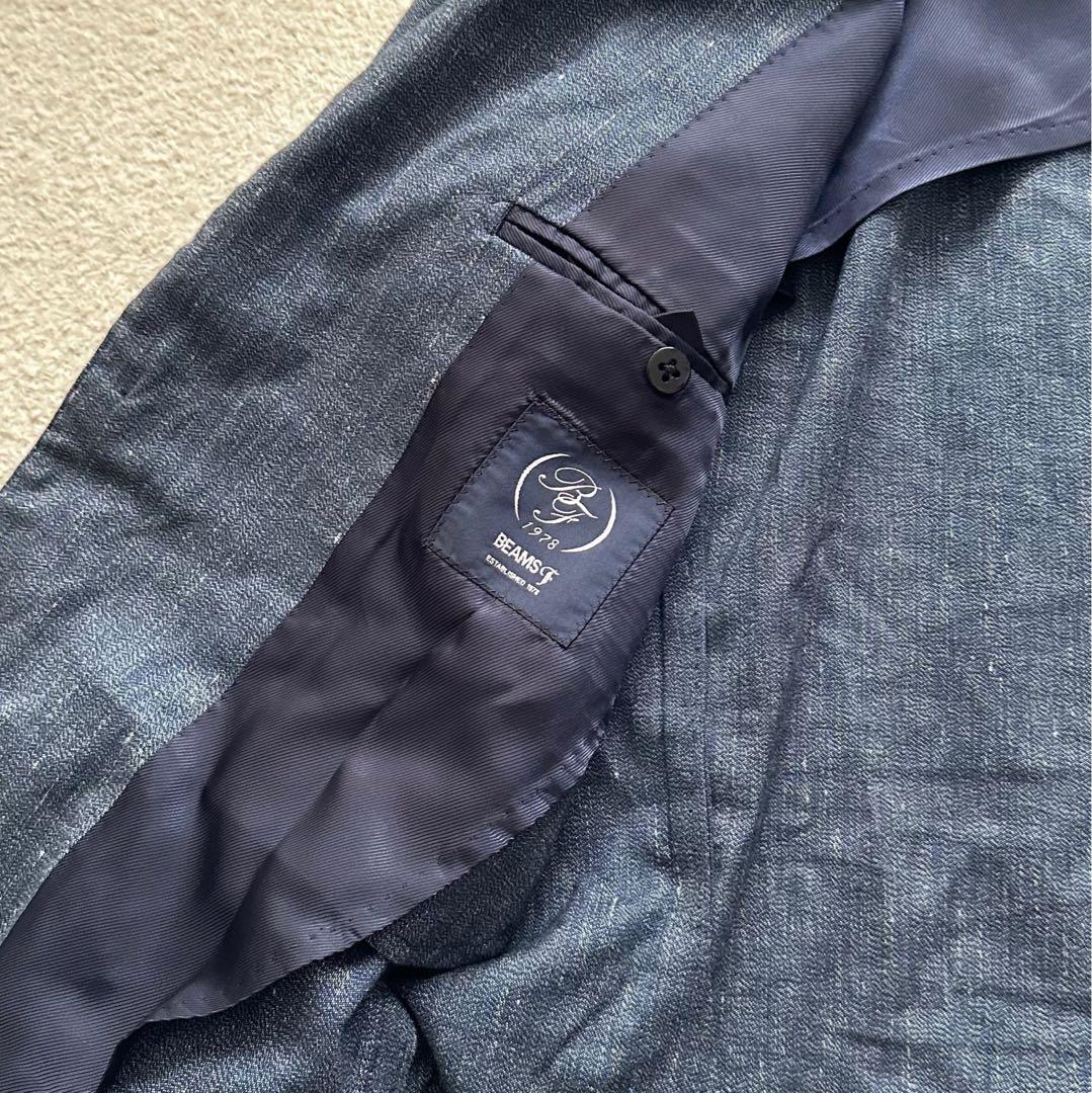 【美品】ビームスエフ　テーラードジャケット　シャンブレー　ネイビー　リネン　現行
