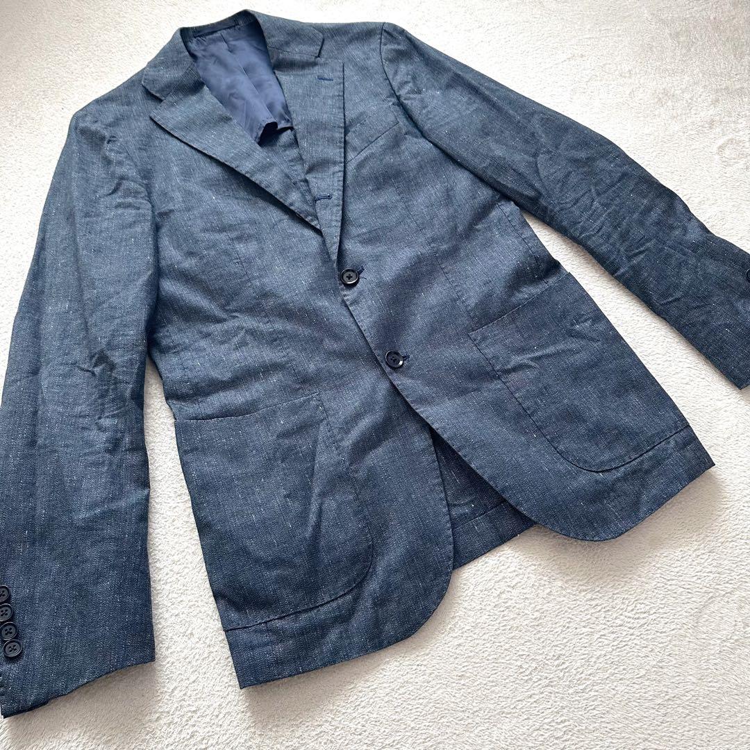 【美品】ビームスエフ　テーラードジャケット　シャンブレー　ネイビー　リネン　現行