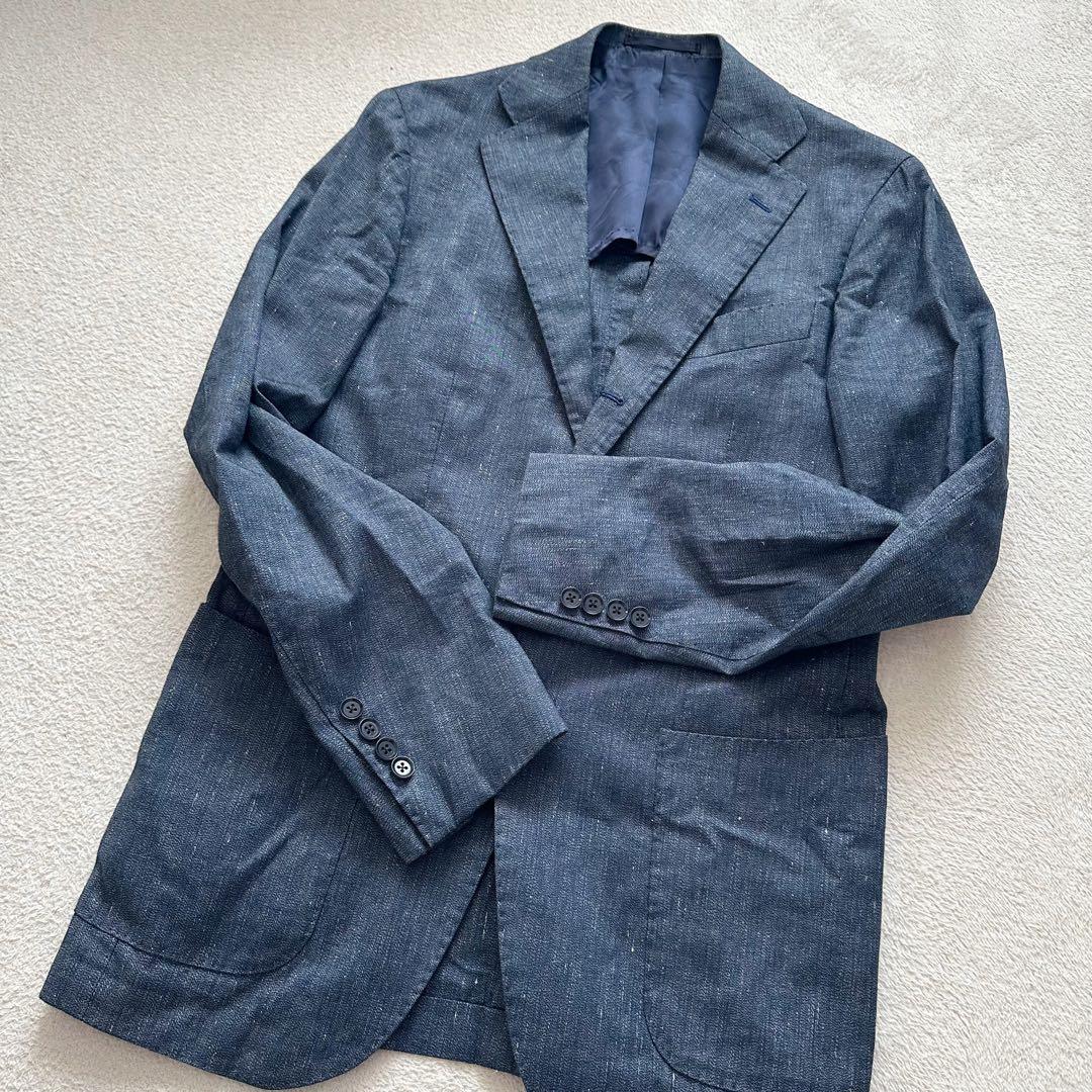 【美品】ビームスエフ　テーラードジャケット　シャンブレー　ネイビー　リネン　現行