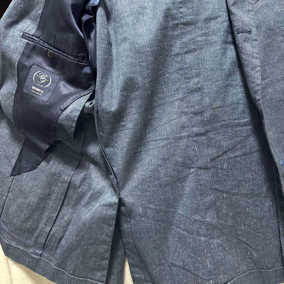【美品】ビームスエフ　テーラードジャケット　シャンブレー　ネイビー　リネン　現行