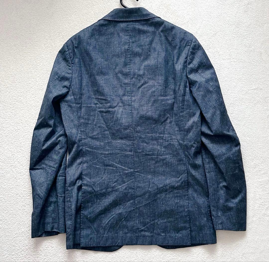 【美品】ビームスエフ　テーラードジャケット　シャンブレー　ネイビー　リネン　現行