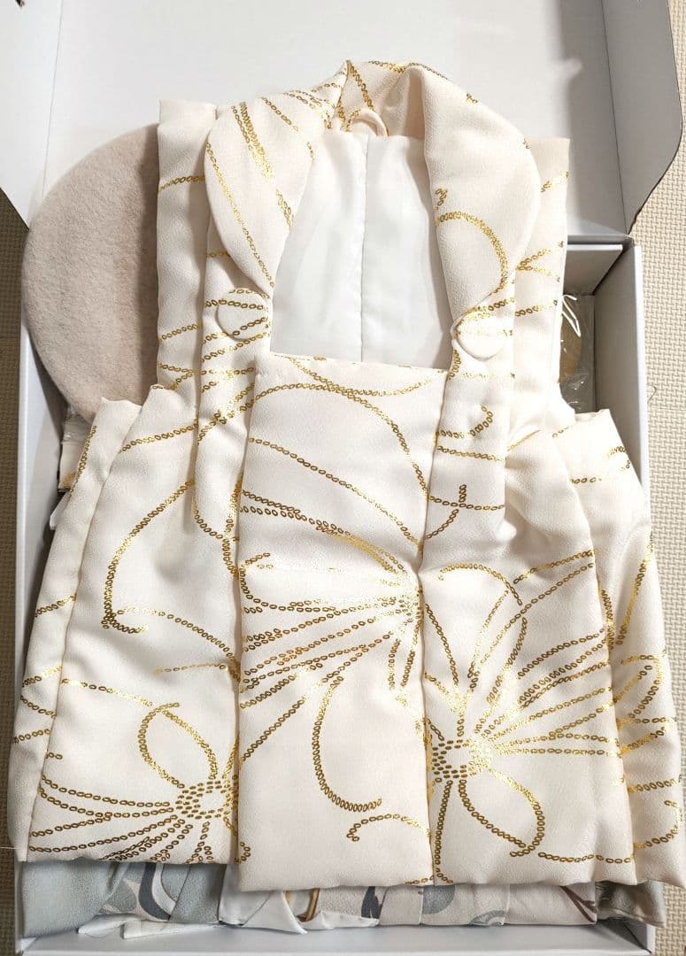 ひよこ商店 七五三 3歳 男の子 ベレー帽被布セット クリーム金彩×ミント吉祥鶴