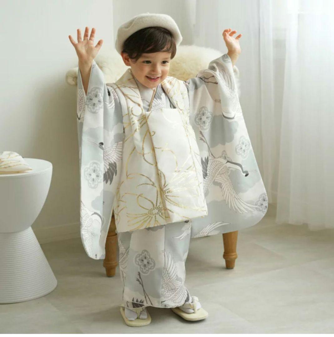 ひよこ商店 七五三 3歳 男の子 ベレー帽被布セット クリーム金彩×ミント吉祥鶴