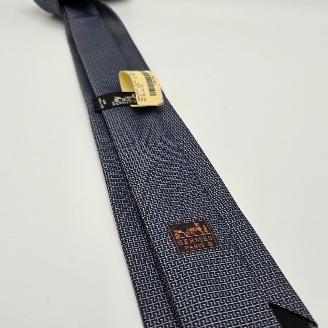 HERMES ダークブルー 幾何学模様 スリムタイ