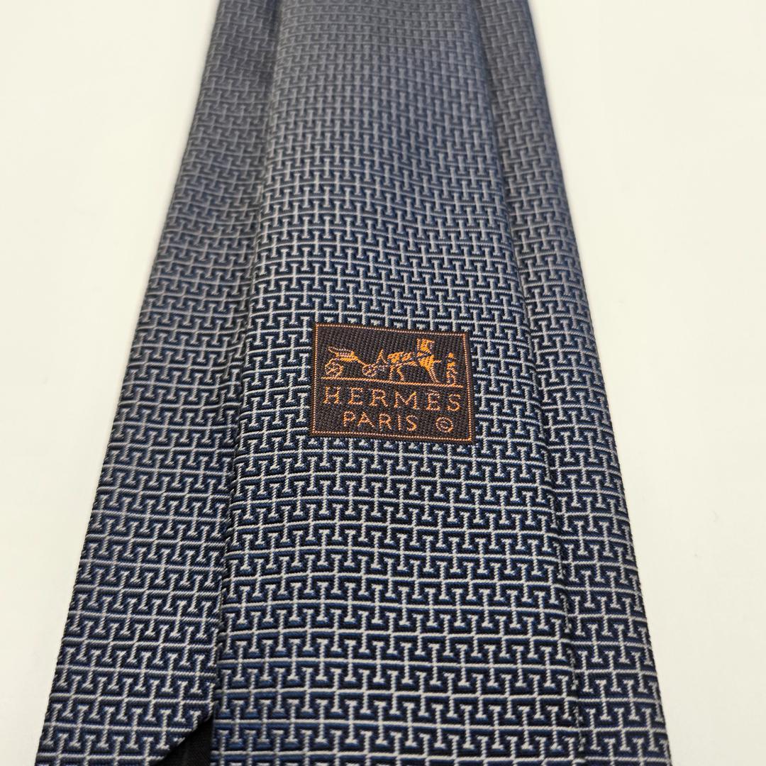 HERMES ダークブルー 幾何学模様 スリムタイ