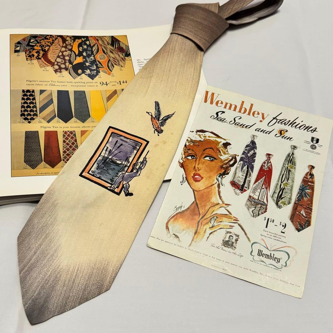 ネクタイnecktieハンドペイント50s紳士服スーツ古着ビンテージブランド鳥