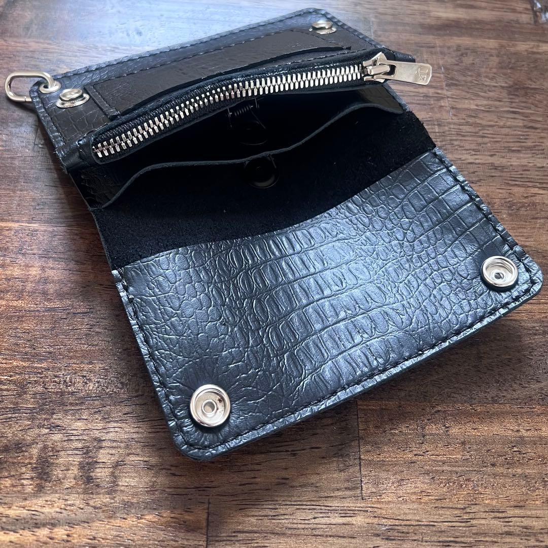姫路レザー トラッカーウォレットミドル 黒 クロコ型押し 『紙幣折らずに収納可』