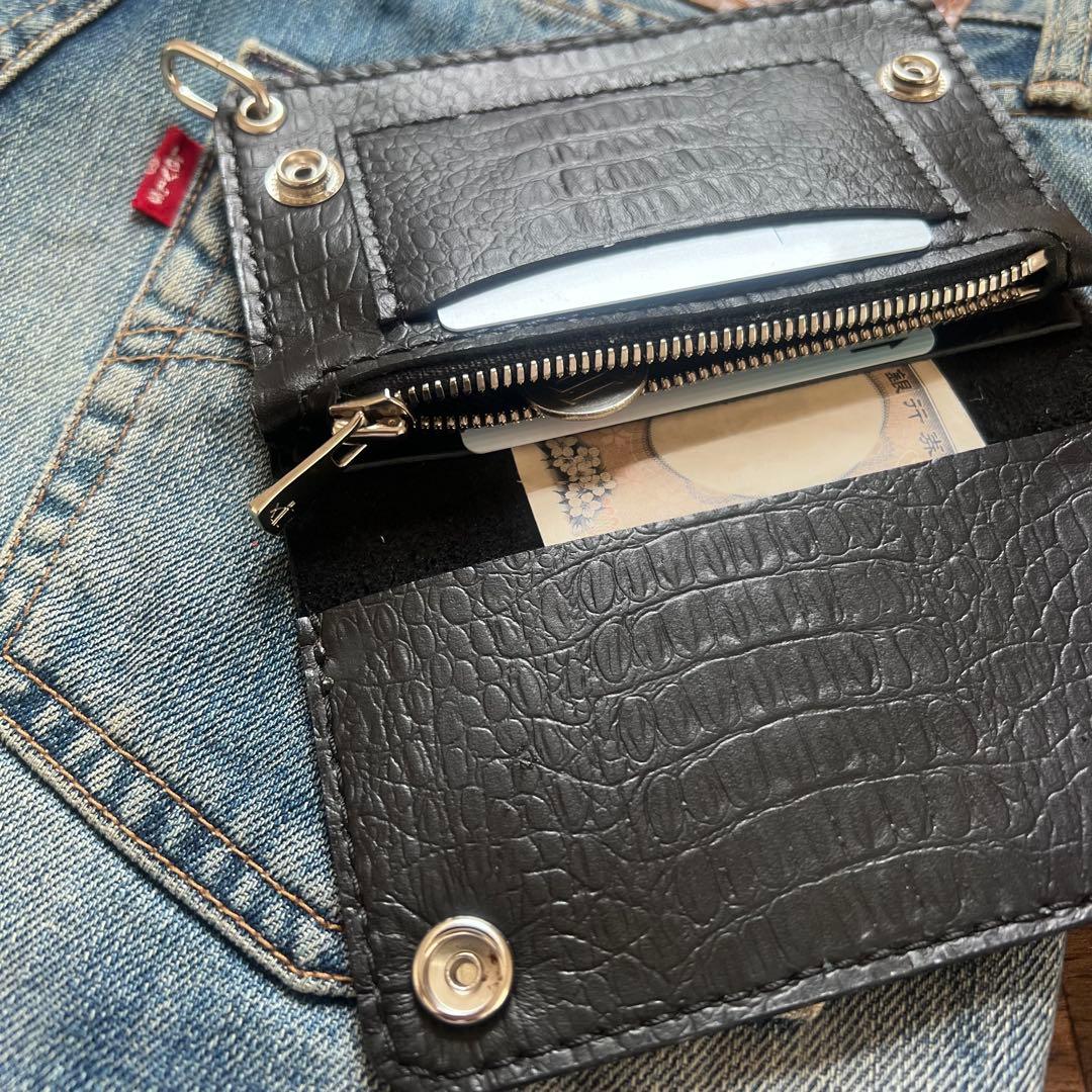 姫路レザー トラッカーウォレットミドル 黒 クロコ型押し 『紙幣折らずに収納可』