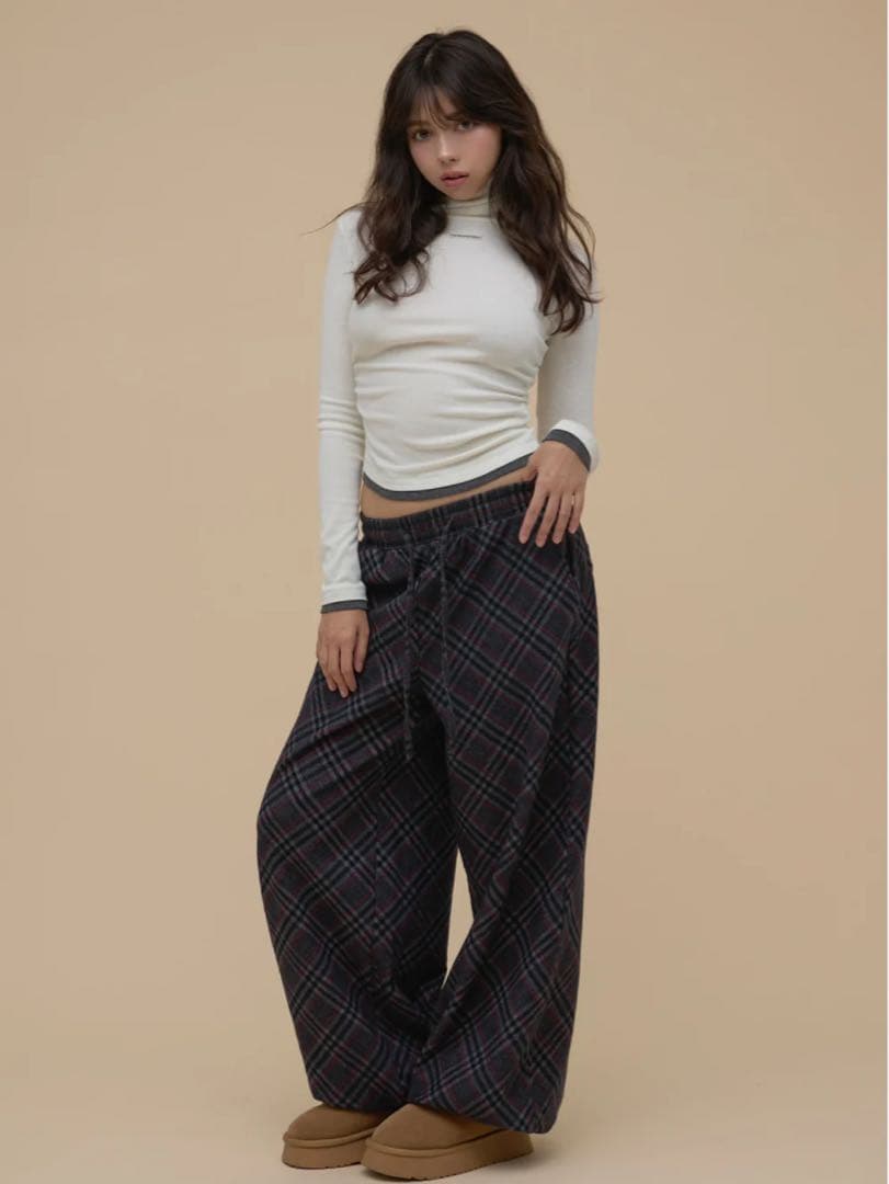 パンツ andmary Monica check loose pants black