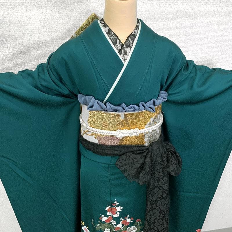 509z27〇振袖 金彩 刺繍 桜 菊 梅 牡丹 緑〇美品 成人式 結婚式