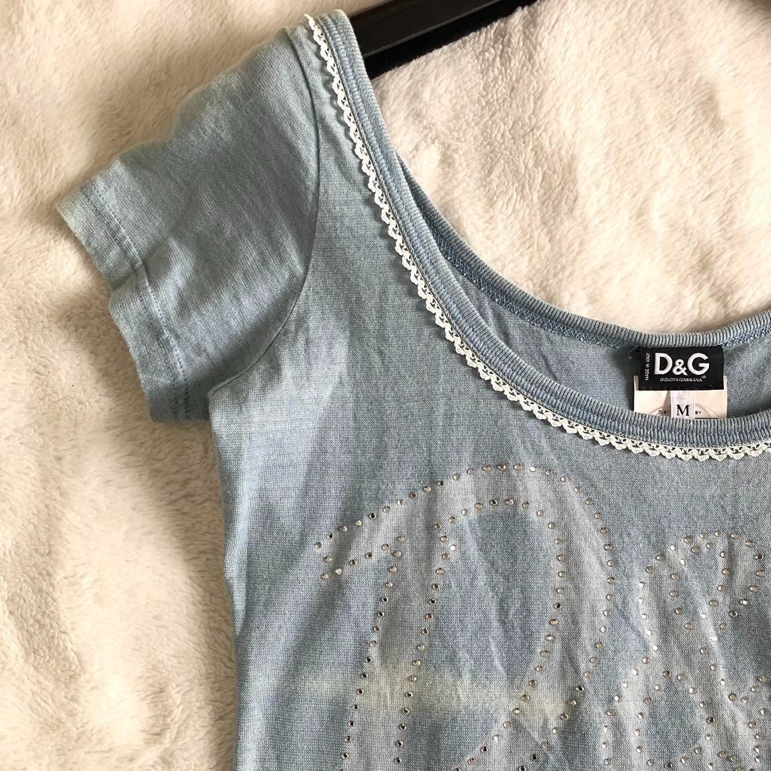 新品 ドルチェアンドガッバーナ コットン ロゴ ダメージ加工Tシャツ M ブルー