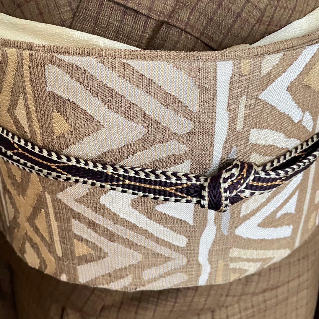 シクラメン様リクエストしつけ付き 雪輪飛び柄小紋 100亀甲絣十日町紬と洒落袋帯