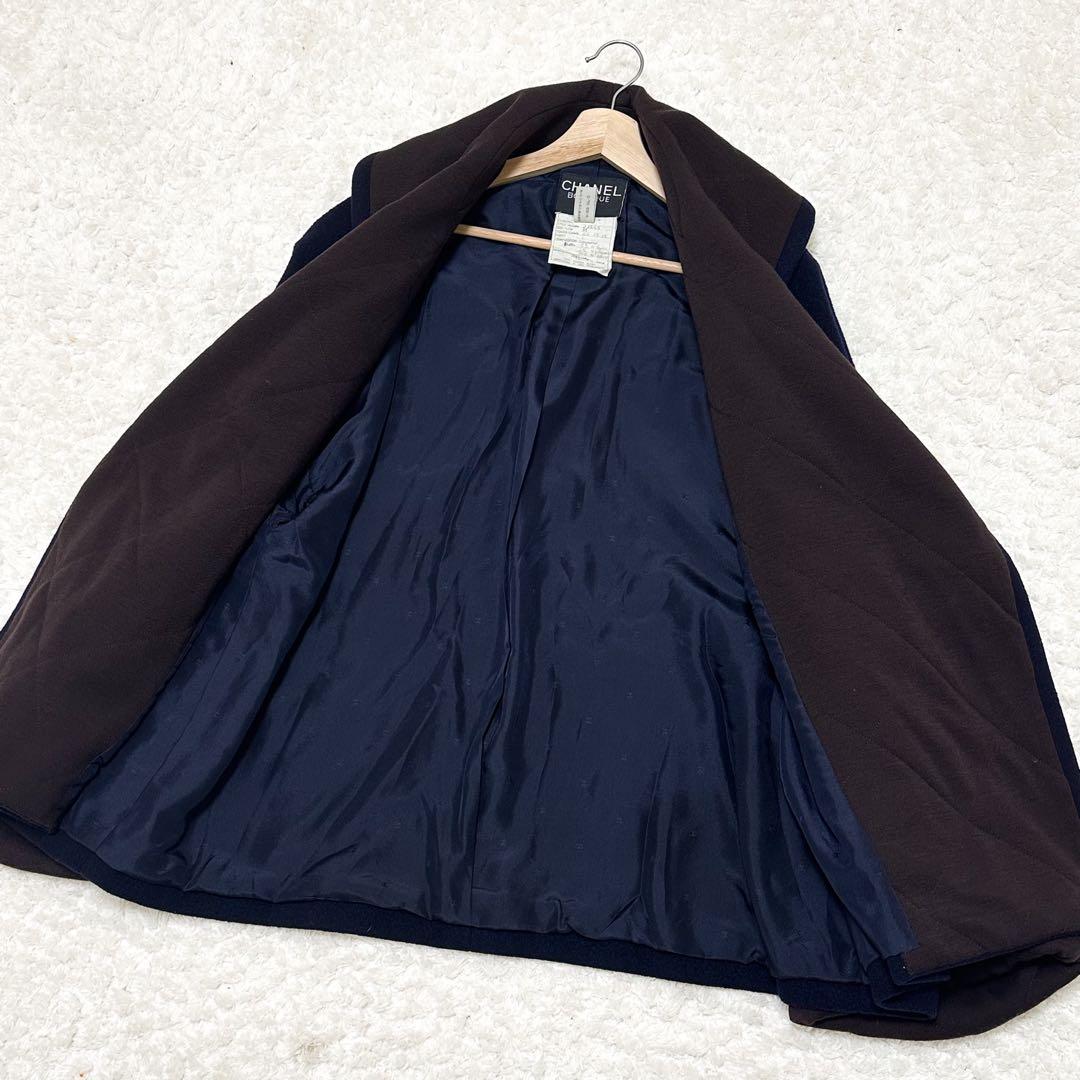 【美品】シャネル ウールショールカラーコート ネイビー サイズM