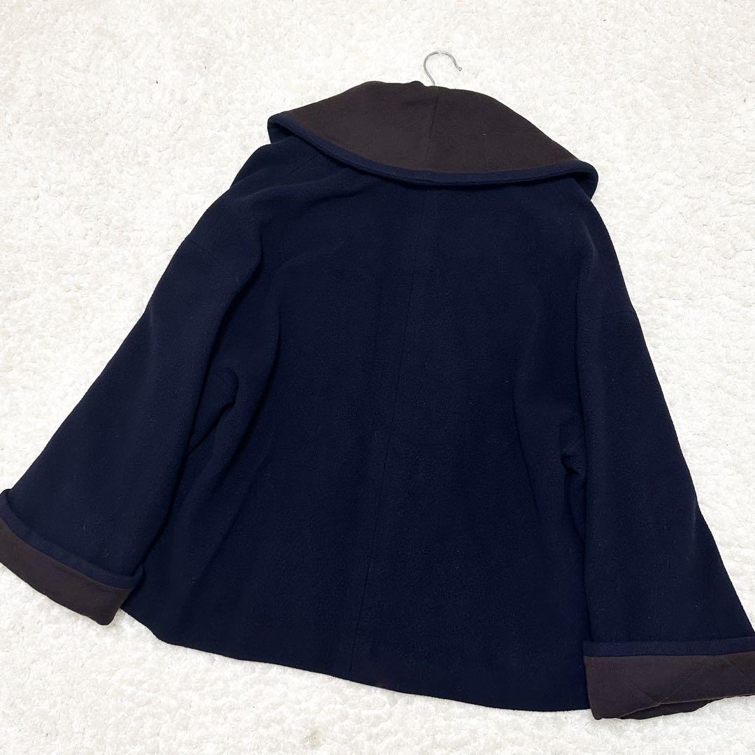 【美品】シャネル ウールショールカラーコート ネイビー サイズM