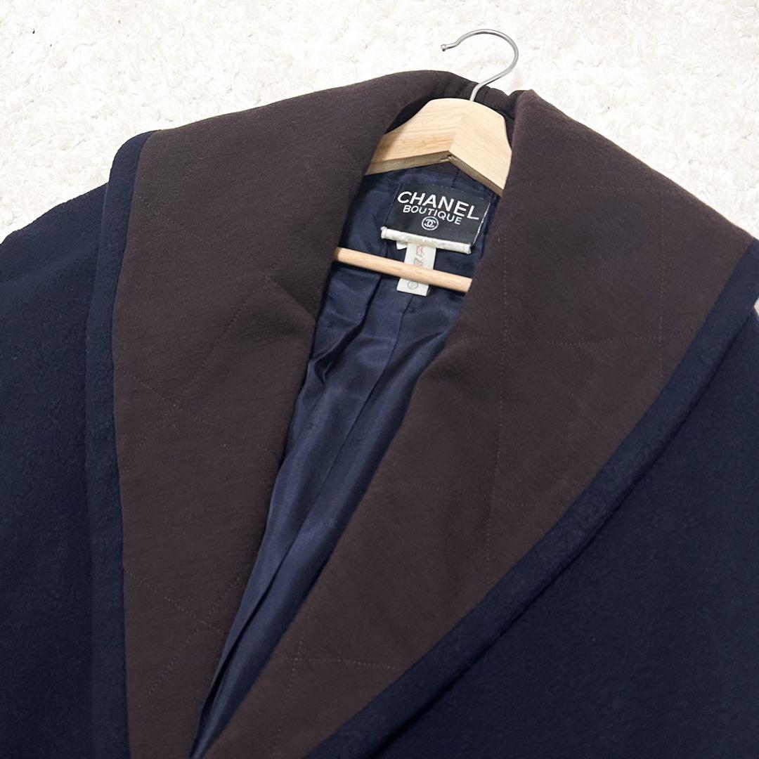 【美品】シャネル ウールショールカラーコート ネイビー サイズM