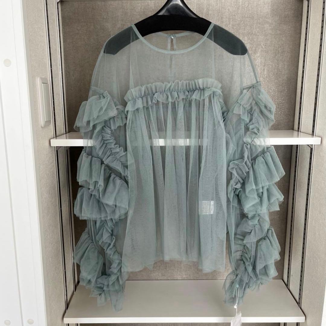 【新品タグ付き】ANDRESD デコラティブチュールトップス フリルブラウス緑