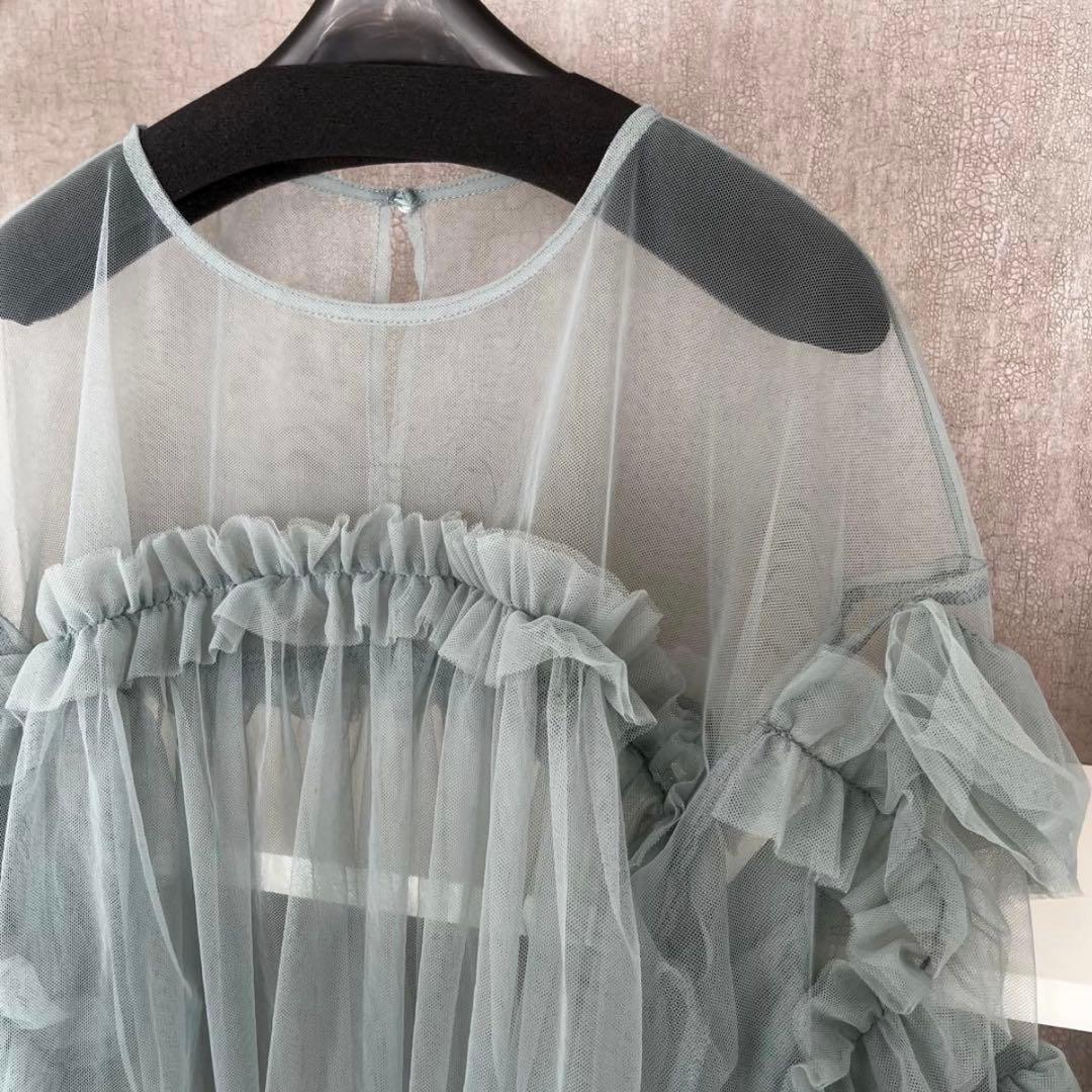 【新品タグ付き】ANDRESD デコラティブチュールトップス フリルブラウス緑