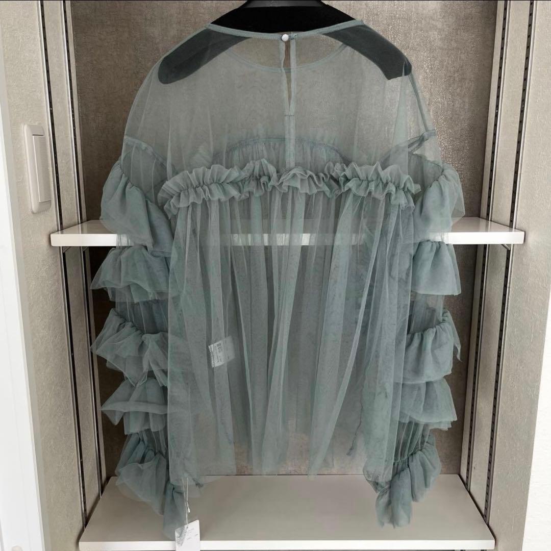 【新品タグ付き】ANDRESD デコラティブチュールトップス フリルブラウス緑