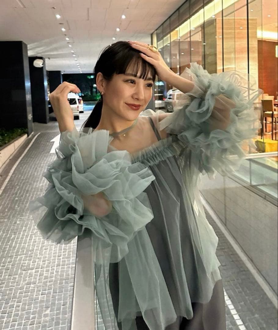 【新品タグ付き】ANDRESD デコラティブチュールトップス フリルブラウス緑