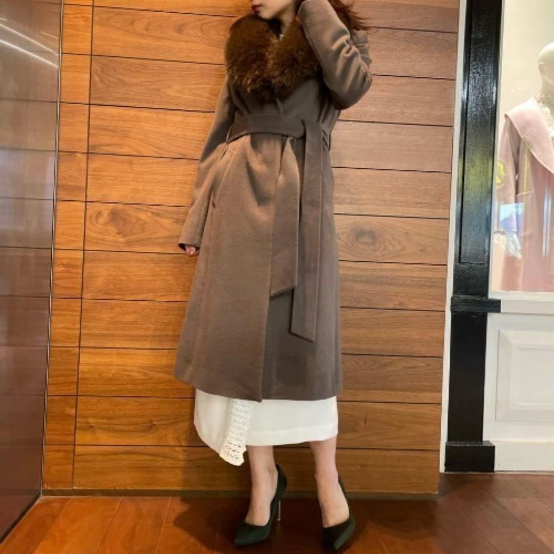 22AW 美品 ピンキーアンドダイアン カシミヤ混ベルテッドコート ファーコート