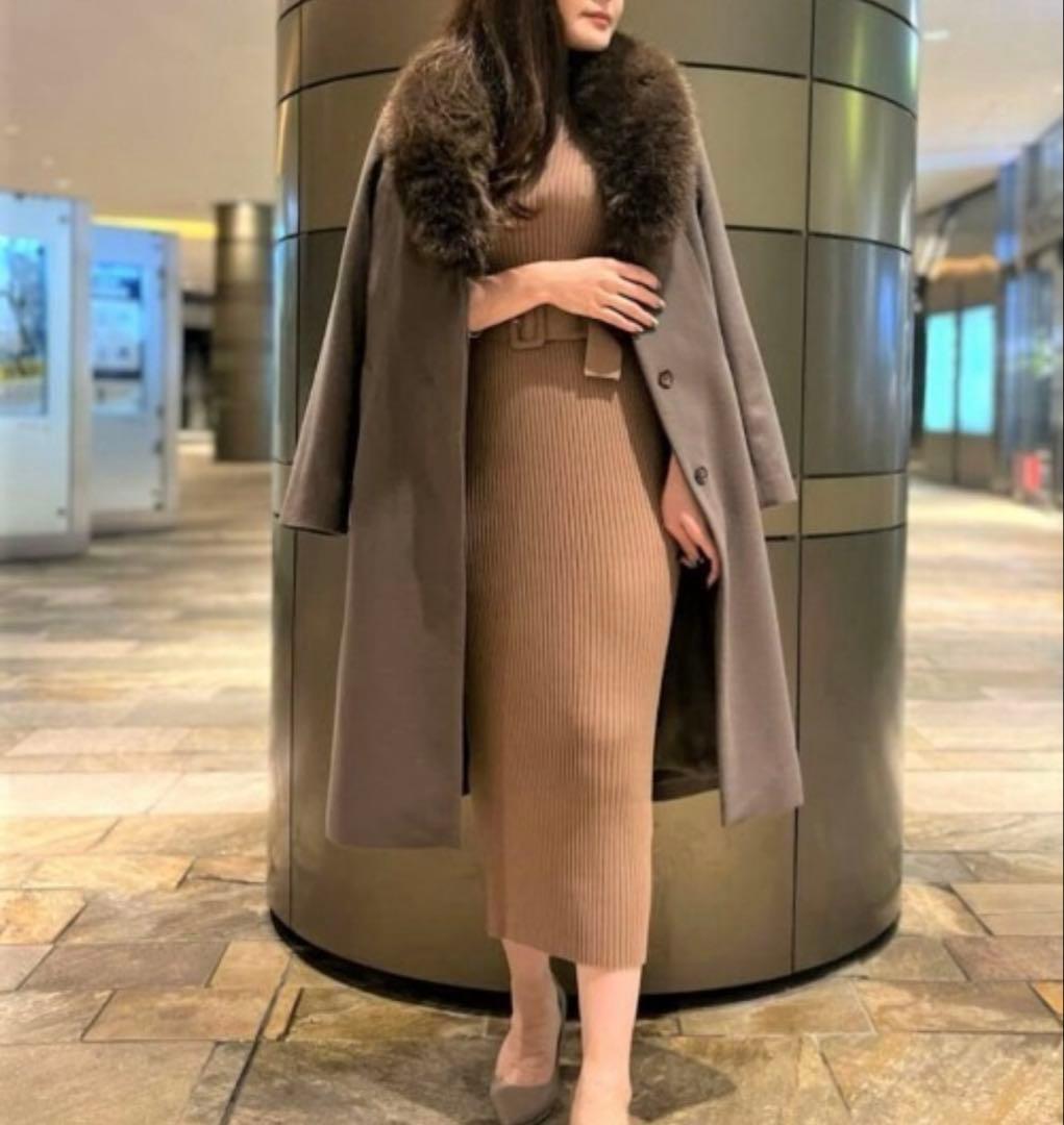 22AW 美品 ピンキーアンドダイアン カシミヤ混ベルテッドコート ファーコート