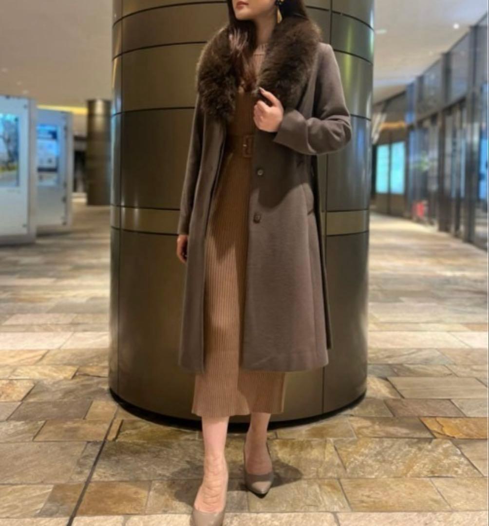 22AW 美品 ピンキーアンドダイアン カシミヤ混ベルテッドコート ファーコート