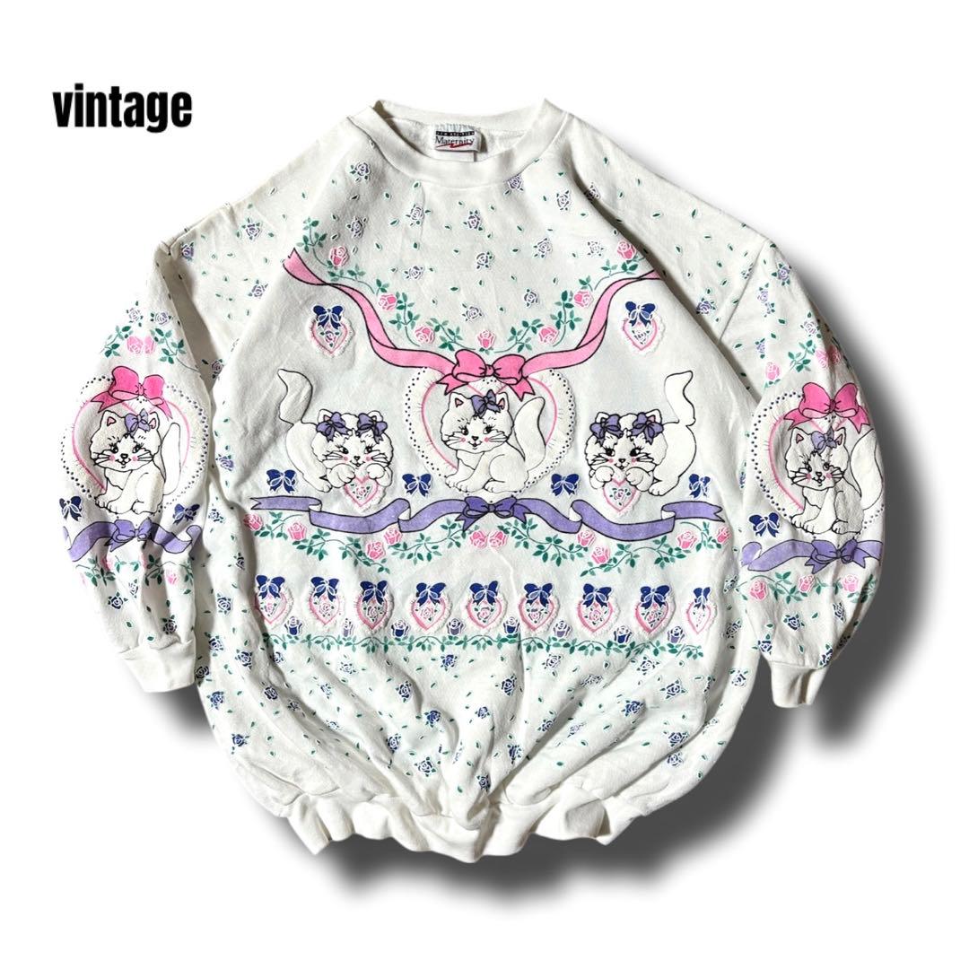 USAvintageアメリカ古着 発泡プリント猫ちゃんハートデザインスウェット