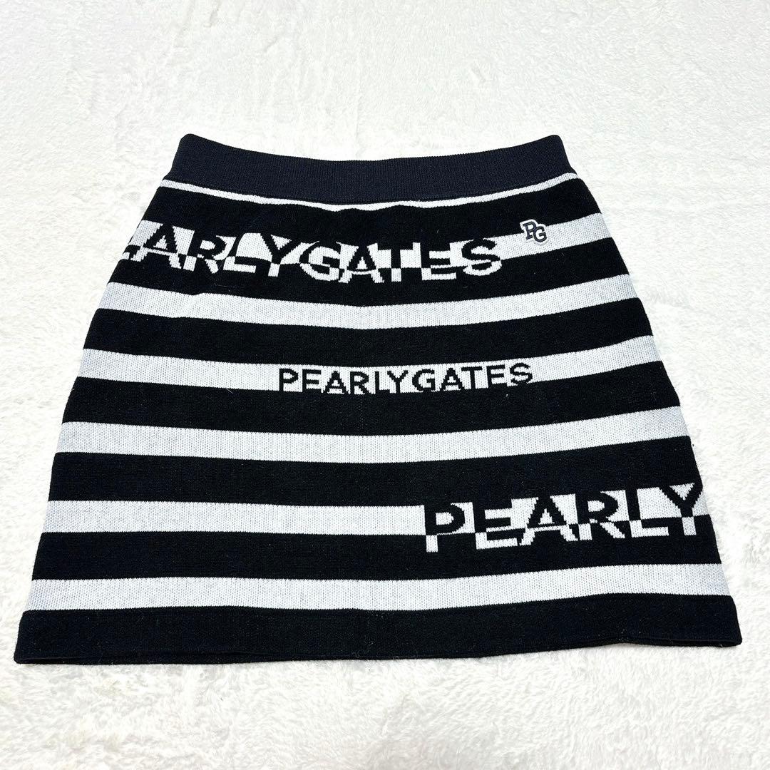 《美品》パーリーゲイツ ボーダーニットスカートセットアップ 黒×白 近年モデル