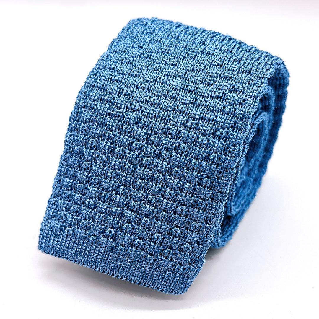 HERMES ニットタイ ブルー ネクタイ Hロゴ刺繍