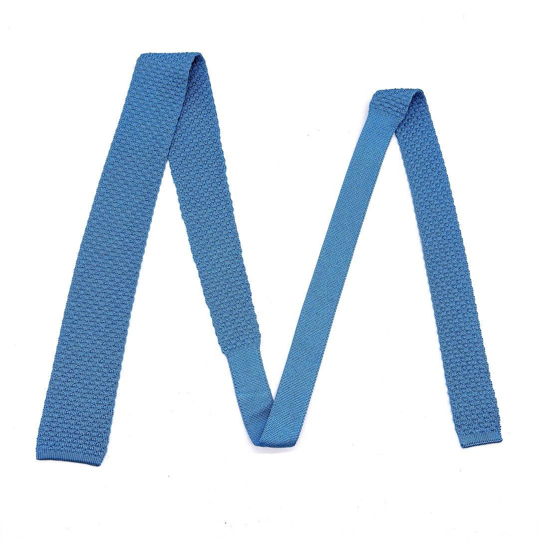 HERMES ニットタイ ブルー ネクタイ Hロゴ刺繍