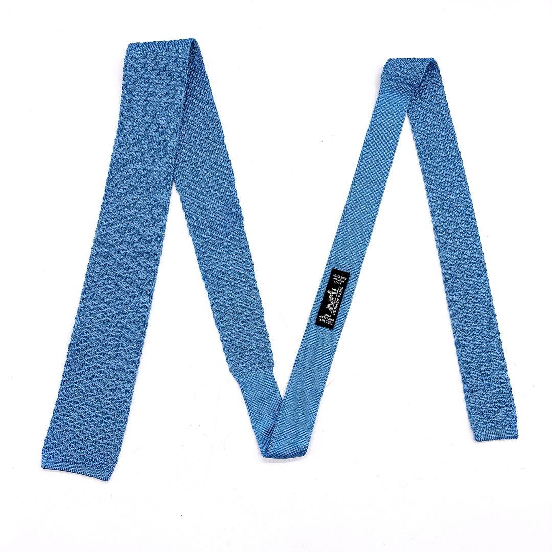 HERMES ニットタイ ブルー ネクタイ Hロゴ刺繍