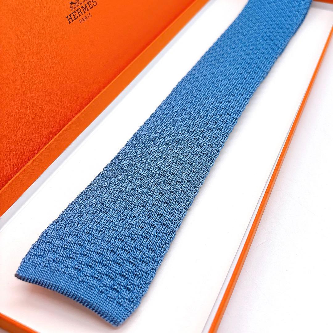 HERMES ニットタイ ブルー ネクタイ Hロゴ刺繍