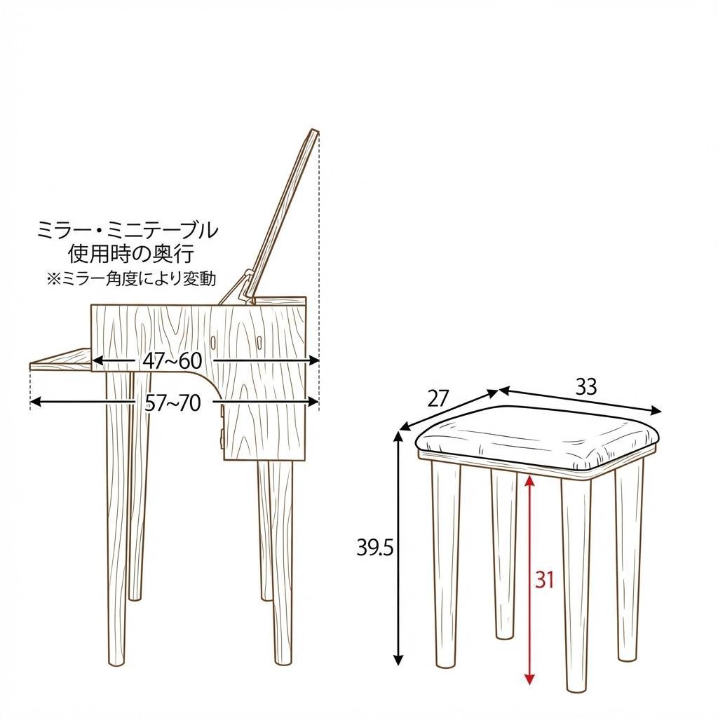【新品訳あり】コンパクトドレッサー 椅子付き 2口コンセント デスク 鏡台