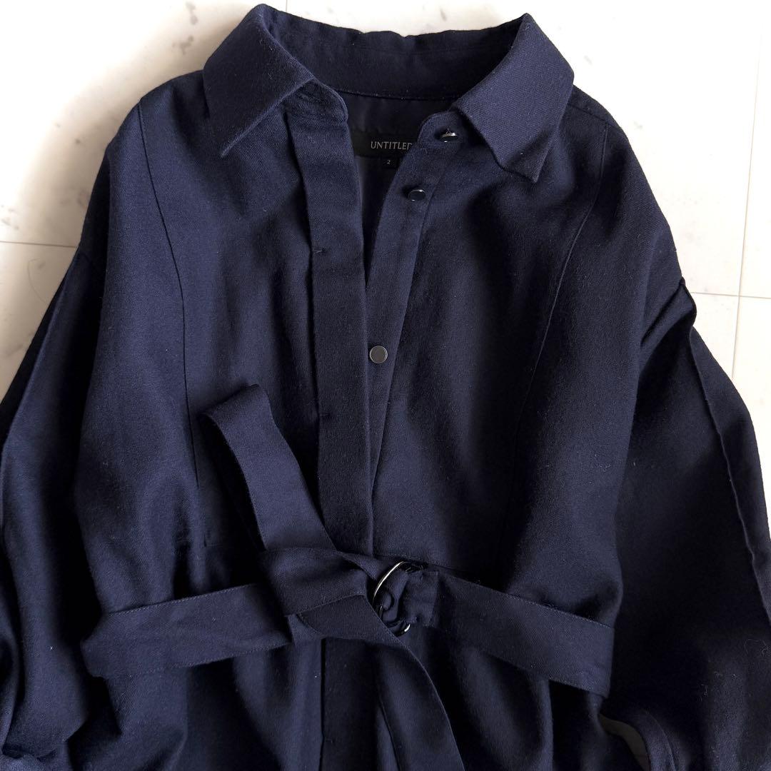 美品 アンタイトル メリノウールシャツワンピース◆ネイビー 2 ロングワンピース