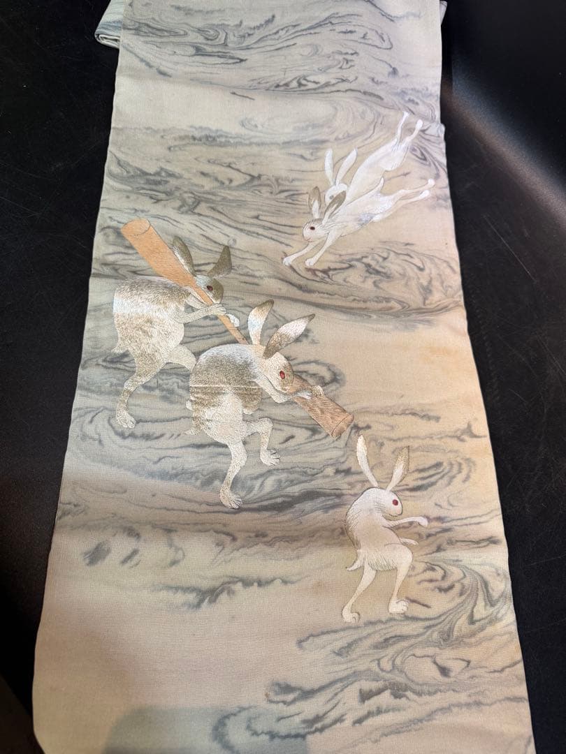 ウサギ刺繍 名古屋帯　アンティーク　餅つき　レア