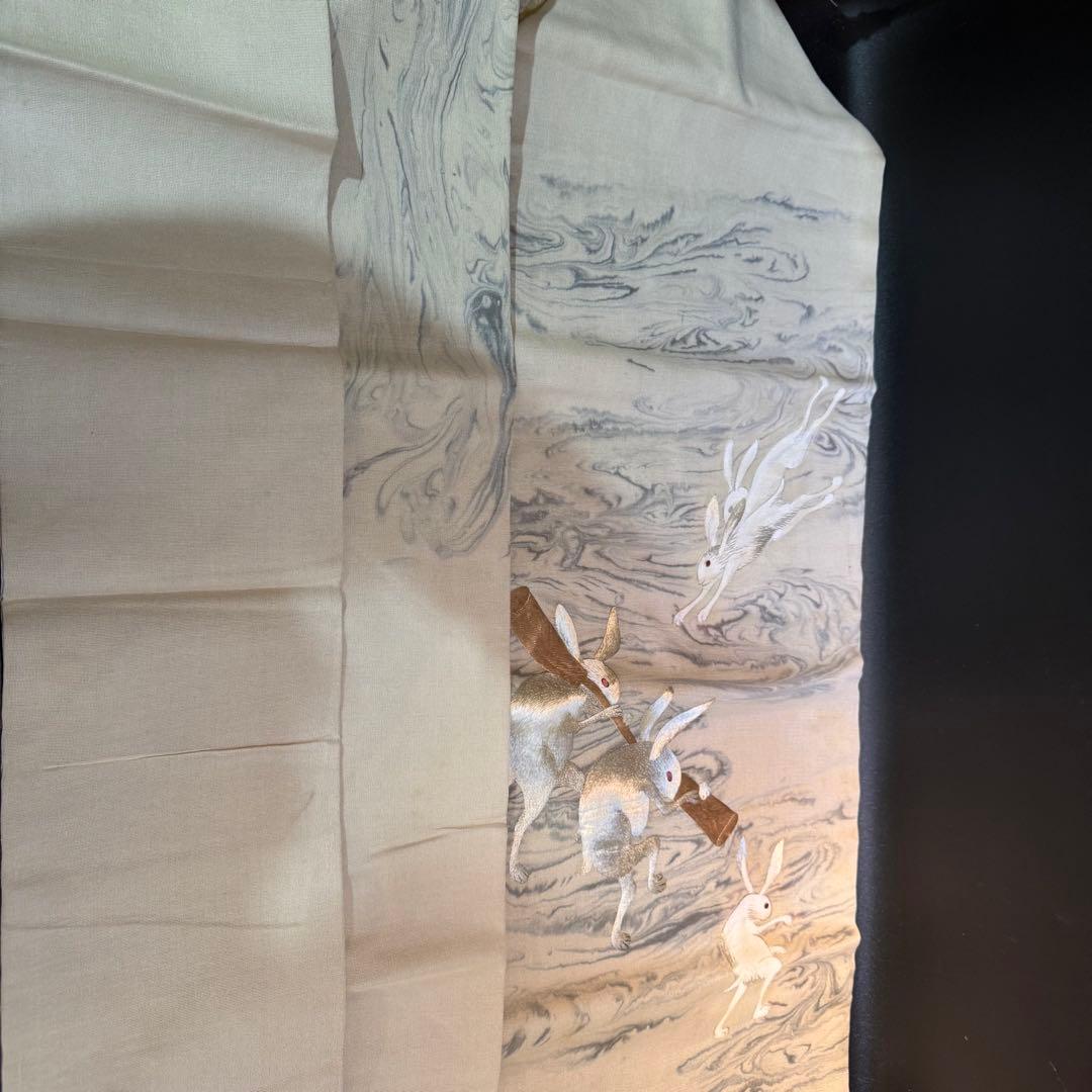 ウサギ刺繍 名古屋帯　アンティーク　餅つき　レア