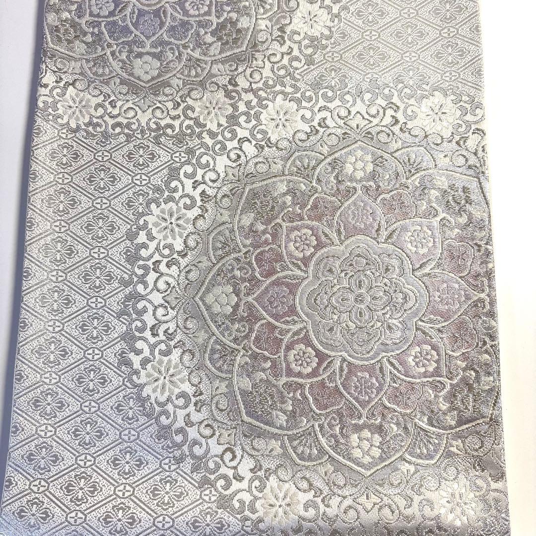6k128 袋帯　絹　唐織　正倉院文様　華文　銀色　白　ピンク　紫　花柄　和装
