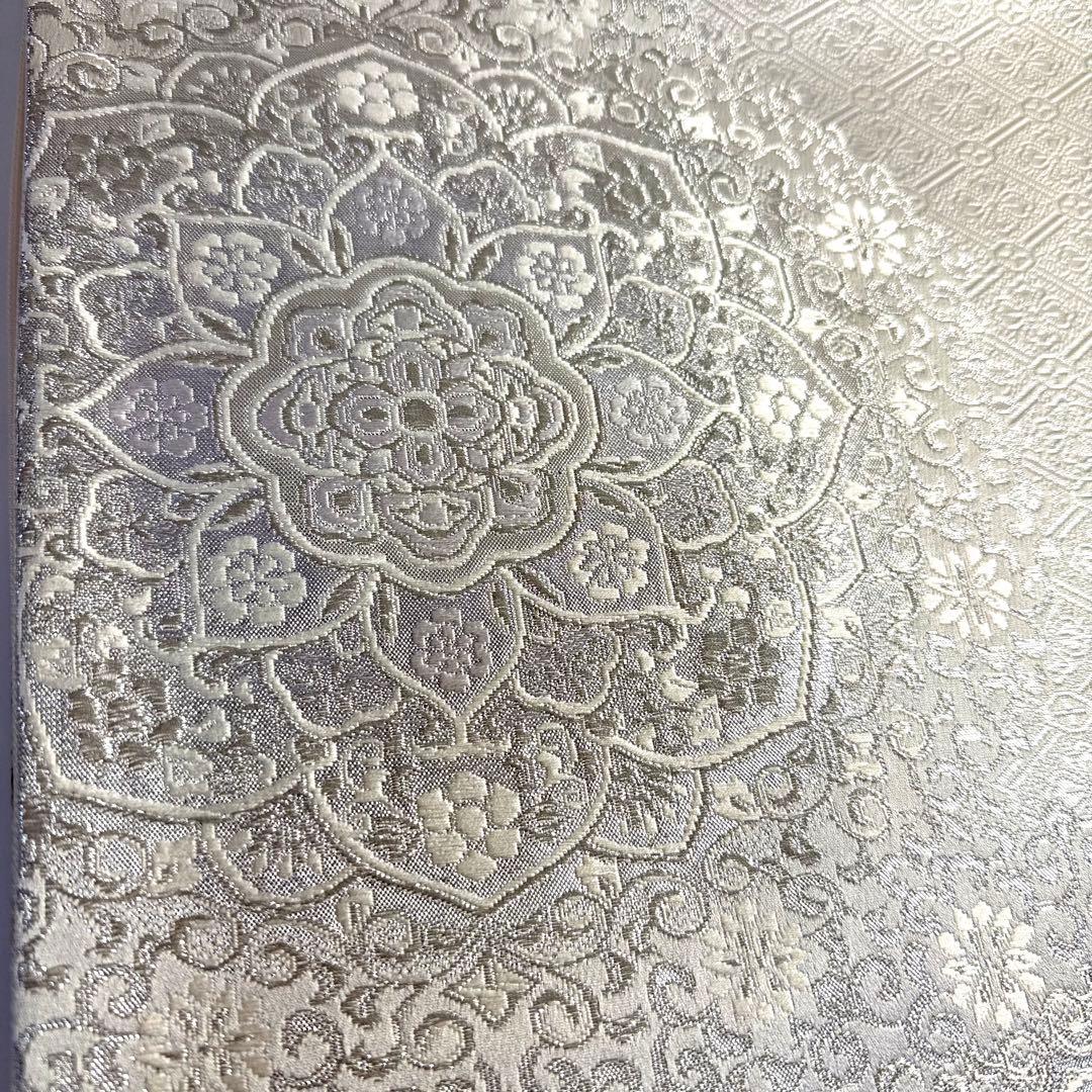 6k128 袋帯　絹　唐織　正倉院文様　華文　銀色　白　ピンク　紫　花柄　和装