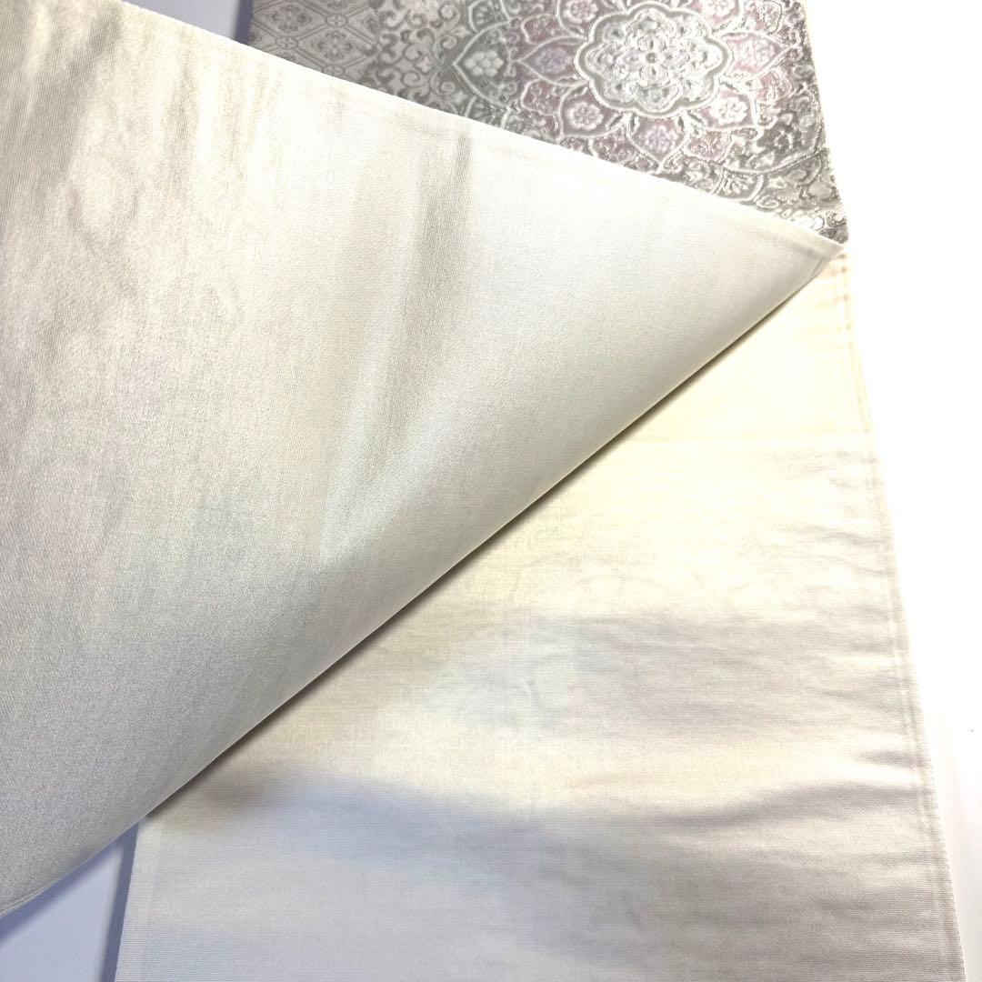 6k128 袋帯　絹　唐織　正倉院文様　華文　銀色　白　ピンク　紫　花柄　和装