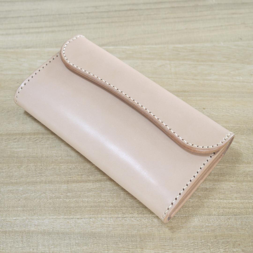ヌメ革　栃木レザー　サドルレザー　ロングウォレット　かぶせ　三つ折り　生成り