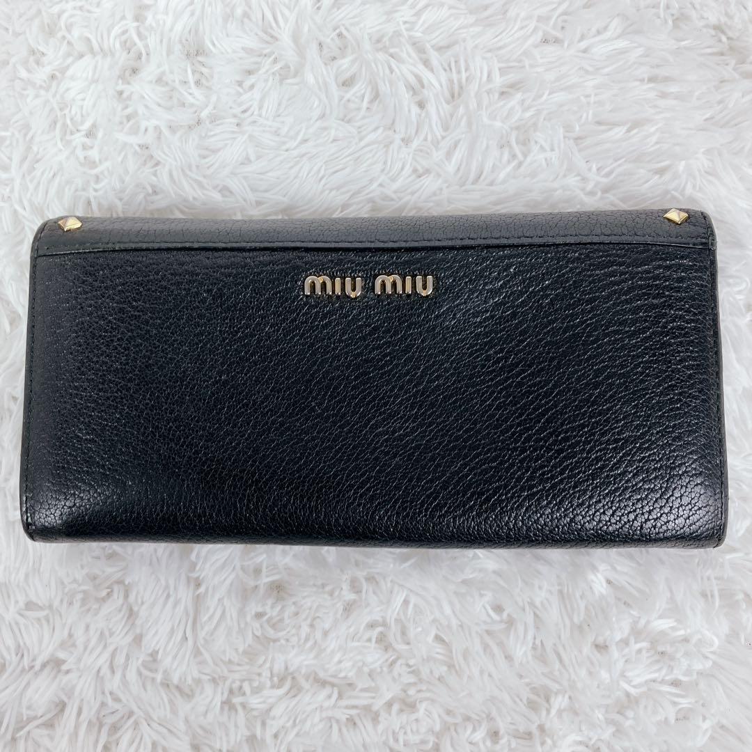 美品✨ミュウミュウ　長財布　リボン　ビジュー　スタッズ　レザー　ブラック　黒　金