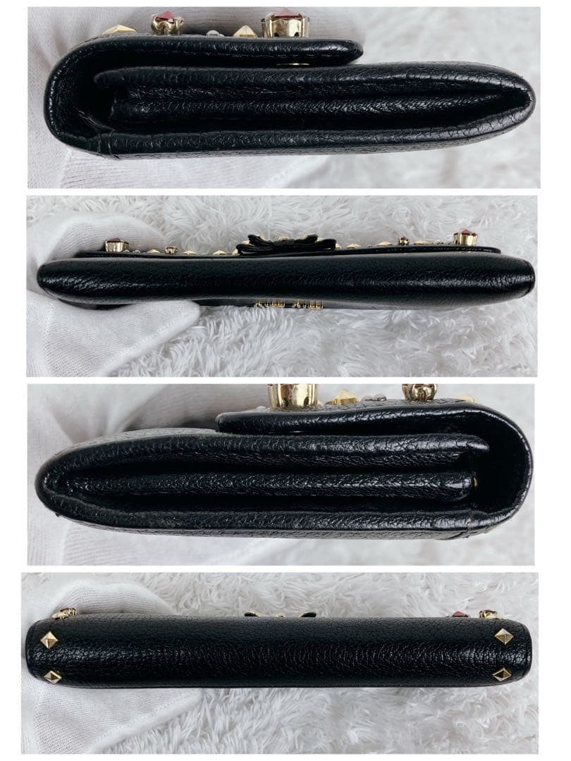 美品✨ミュウミュウ　長財布　リボン　ビジュー　スタッズ　レザー　ブラック　黒　金