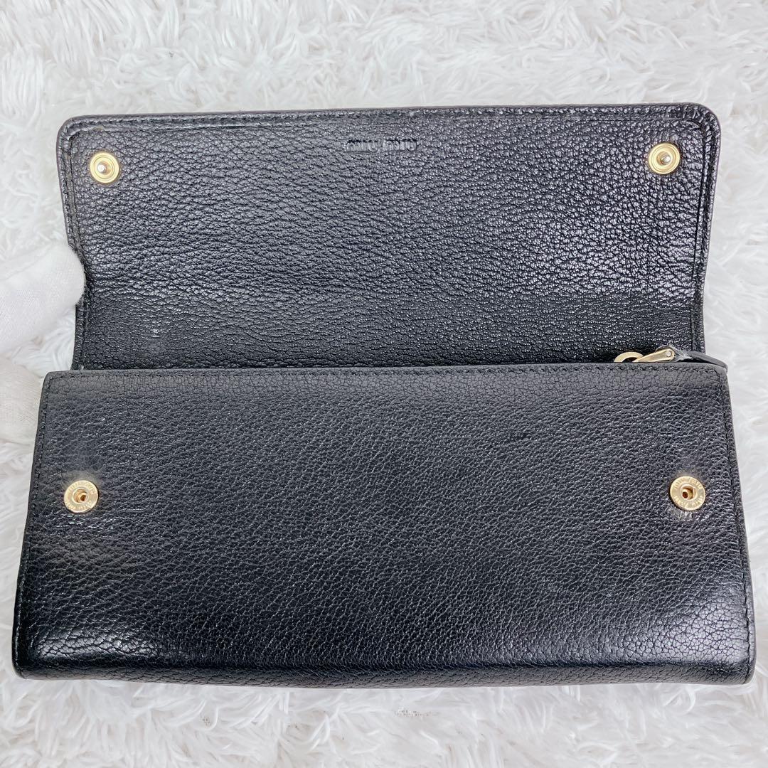 美品✨ミュウミュウ　長財布　リボン　ビジュー　スタッズ　レザー　ブラック　黒　金
