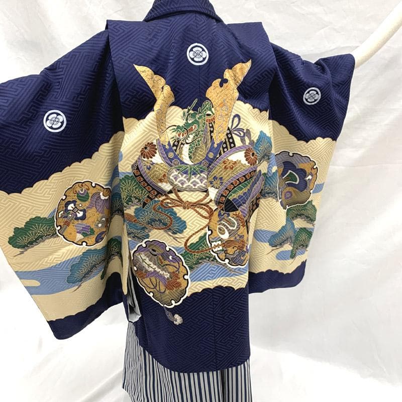 507ab42■七五三 五歳 男児 着物&羽織&袴&角帯 五つ紋 雪輪 兜■美品