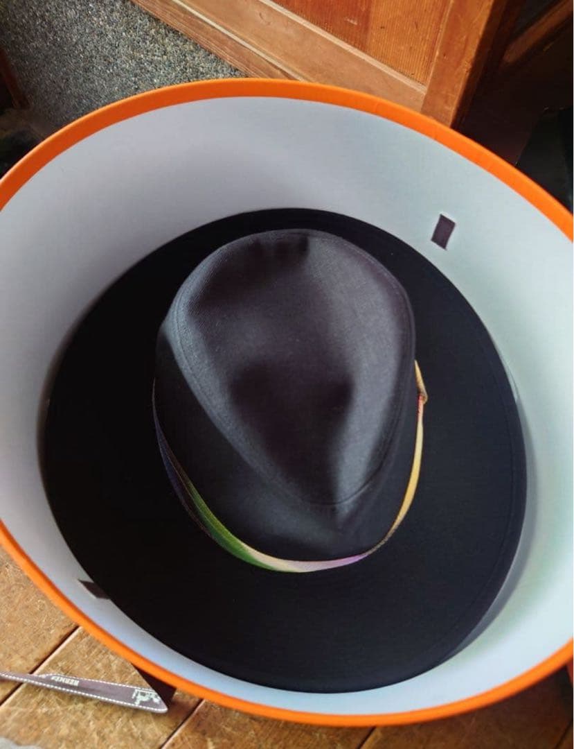 エルメス　カラフルリボン付き黒ハット　60サイズ