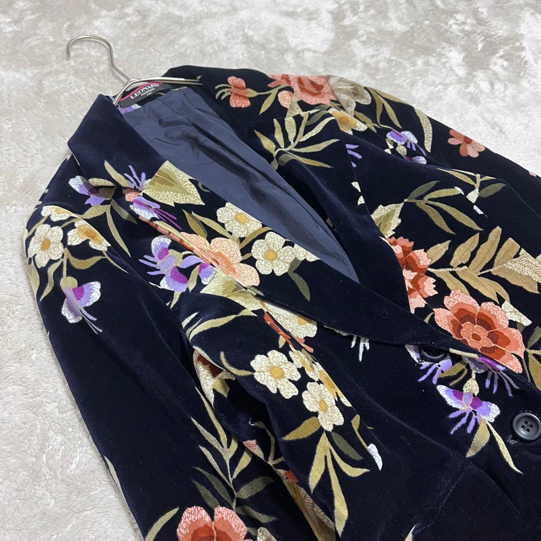 レオナール　ベロア　花柄　総柄　チェスターコート　ブラック　ロングコート