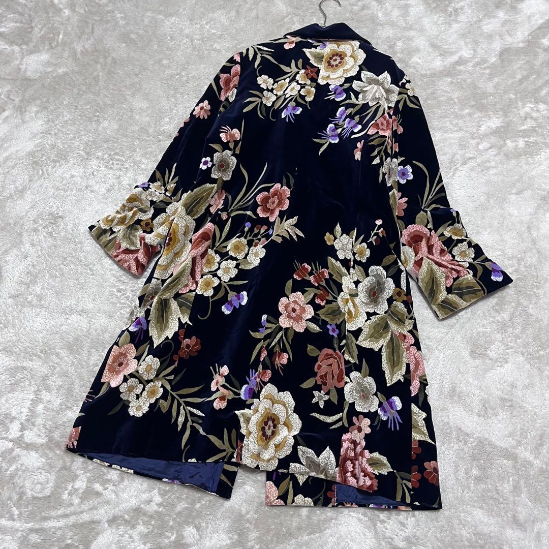 レオナール　ベロア　花柄　総柄　チェスターコート　ブラック　ロングコート