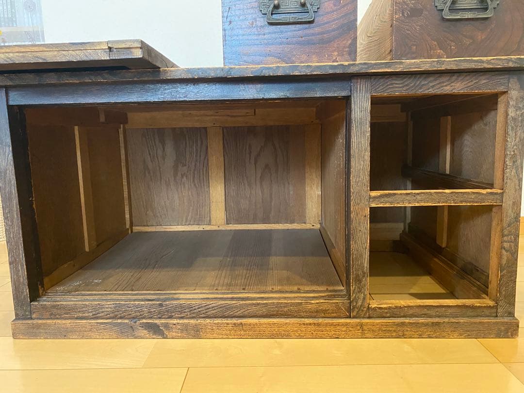 木製引き戸収納キャビネット　引き出し2つ